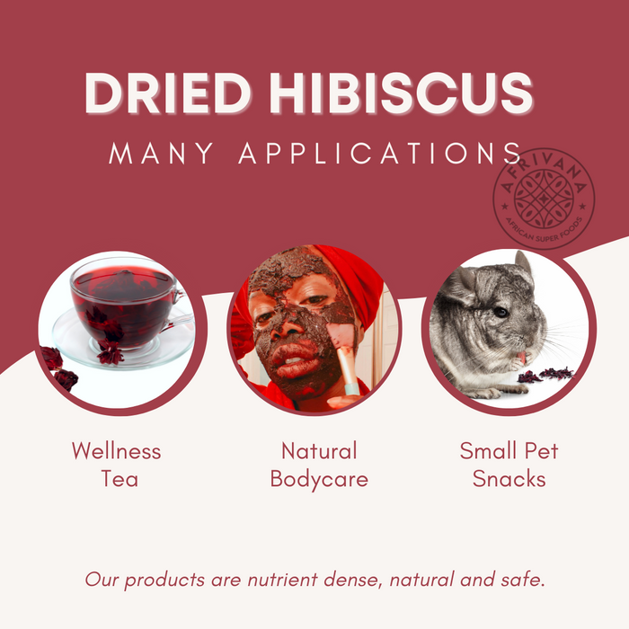 Vibrant dried hibiscus flowers. Try hibiscus as a wellness tea, hibiscus for natural bodycare, hibiscus for pets